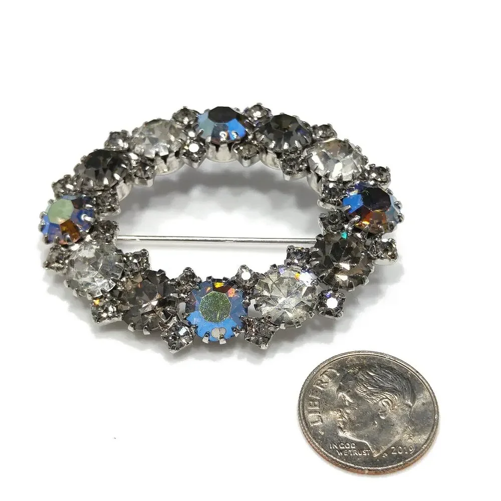 Karu Arke Aurora Borealis Brooch, Clear AB Black Diamond Rhinestones, 1950s